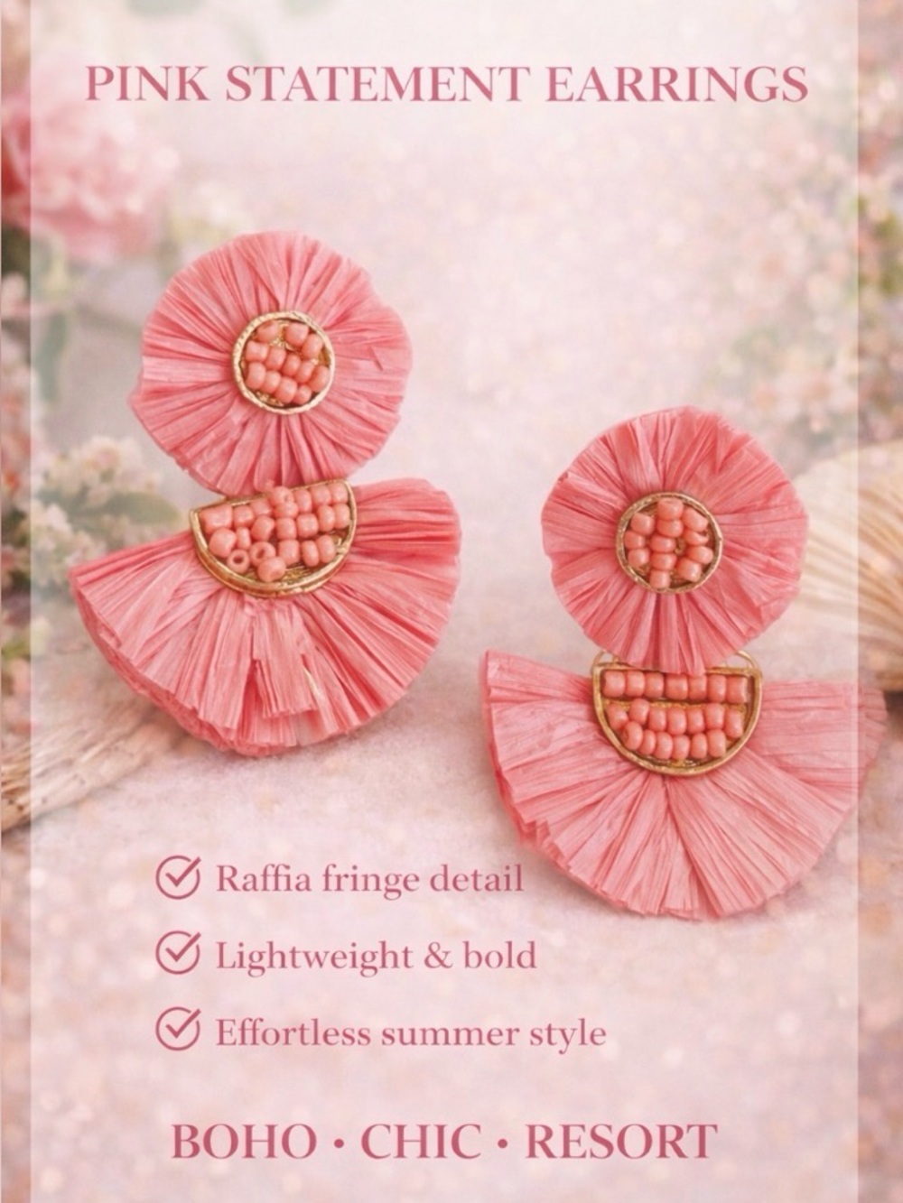 Anthropologie Rosalinda Pink Raffia Statement Earrings Fringe Boho Chic